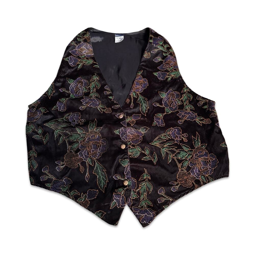 Vintage Black Velvet Dark Floral Beaded Vest Gold Button Plus Size Waistcoat